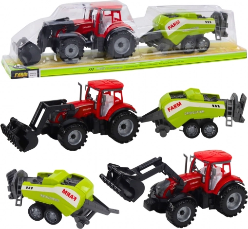 Rdeč traktor z nakladačem in balirko za seno – plastična kmetijska igrača