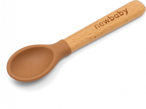 Silikonska žlička z lesnim ročajem New Baby Karamelna 14 cm