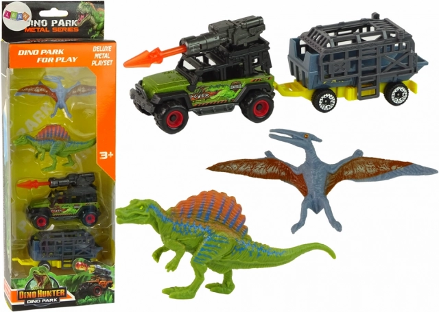 Dinozavrski set z avtom, raketometom in prikolico s kletko