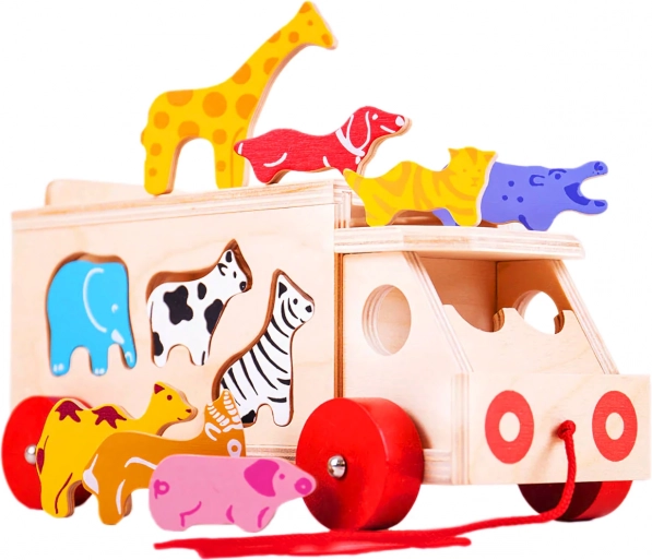 Bigjigs Toys lesen vlačilec z živalmi in vstavljanko oblik