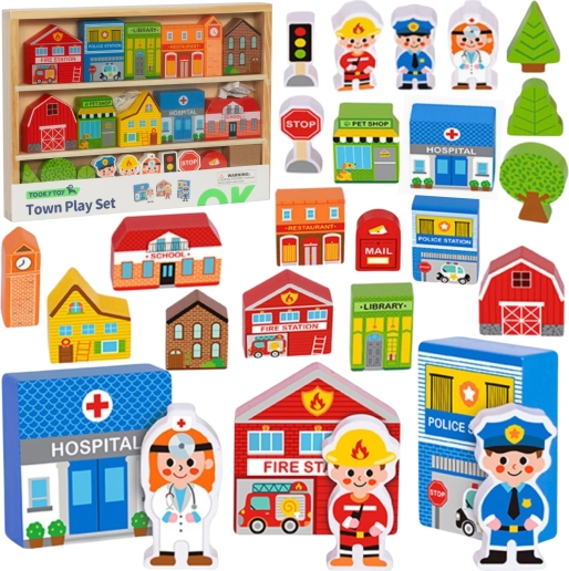 Tooky Toy leseno mesto – stavbe in figurice