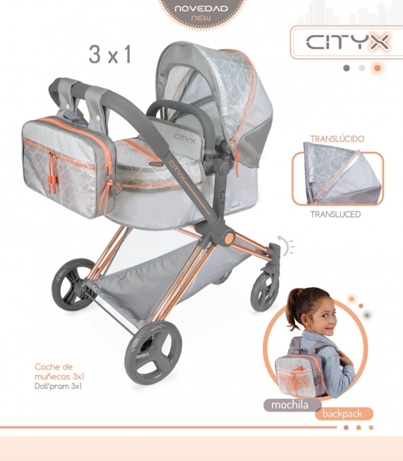 DeCuevas 81777 Zložljiv voziček za punčke 3 v 1 z nahrbtnikom CITY X 2024 - 73 cm
