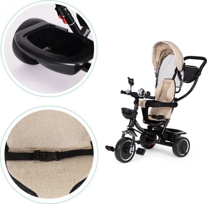 ECOTOYS tricikel s streho in vodilno palico bež barve