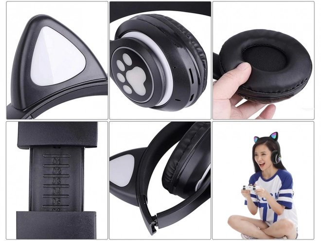 Brezžične slušalke bluetooth radio fm mp3 mačja ušesa led osvetlitev – črne