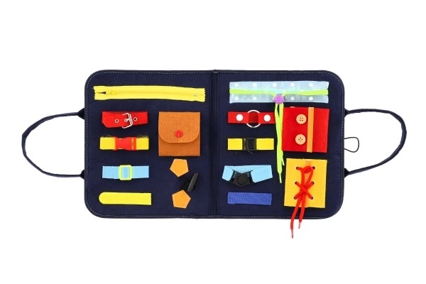 Izobraževalni etui filc zapenjanje in odpiranje zadrg in gumbov v vrečki 24x27x4cm