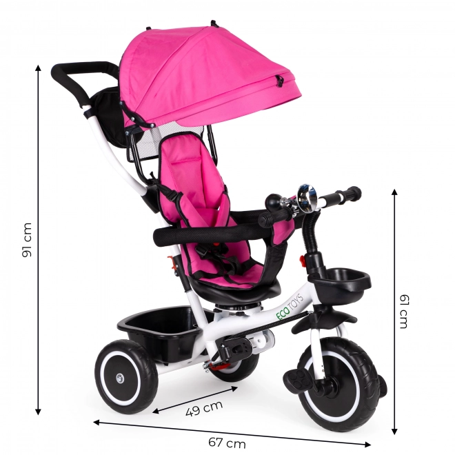 ECOTOYS Tricikel s streho in vodilno palico - roza