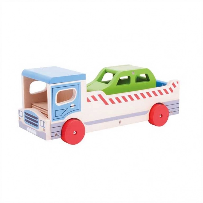 Bigjigs Toys Leseno vlečno vozilo z osebnim avtomobilom