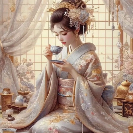 Diamantno slikanje Japonka s skodelico čaja 30 × 40 cm