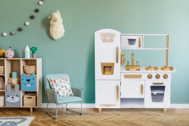 Velika lesena kuhinja za otroke, bela in zlata, ECOTOYS