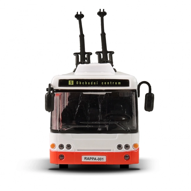 Trolejbus slovensko govoreči plast 29cm rdeč brezplačna vožnja na baterijah s svetlobo in zvokom v škatli 33x11x10cm