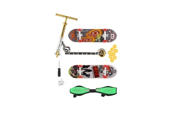 Komplet skateboard vijaki, prstna rolka, valovni deska plast z dodatki, mix vrst na kartici 16x30cm