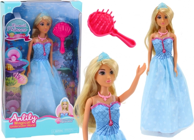 Punčka ANLILY morska princesa z modro obleko in krtačo