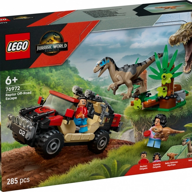 Konstrukcijski komplet LEGO Jurassic World: Pobeg s terenskim vozilom pred velociraptorjem