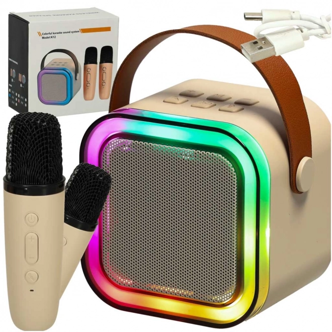 Karaoke set 2 mikrofona + prenosni zvočnik BLUETOOTH USB LED bež barva