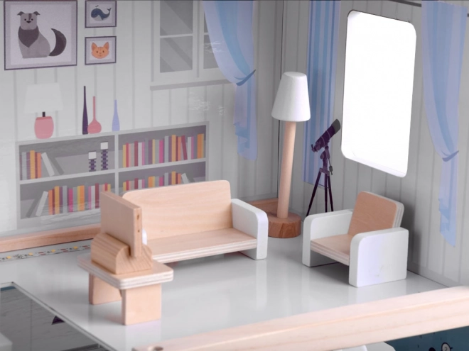 Lesena hiška za punčke z LED lučmi v boho slogu 78cm