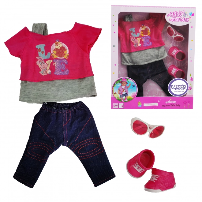 Modna oblačila za punčke LOVE s sončnimi očali in copatki 43-46 cm