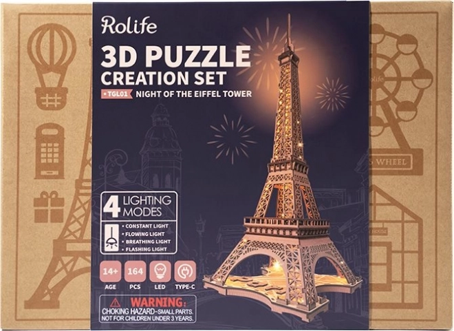 RoboTime 3D Lesena sestavljanka Rolife Noč Eiffelovega stolpa s svetilko