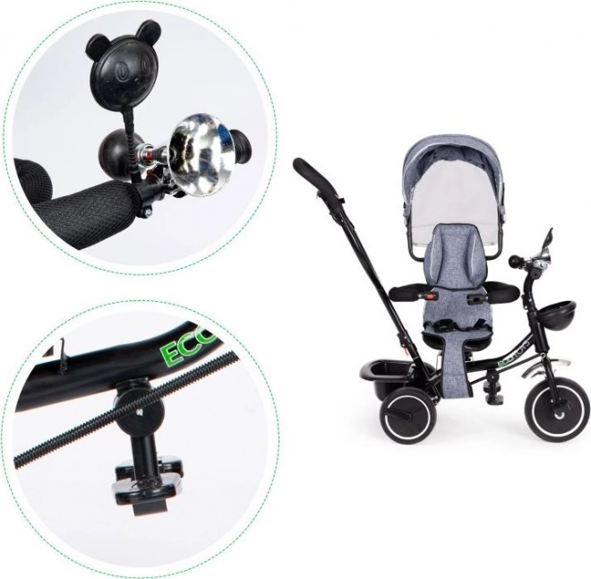 ECOTOYS Tricikel s streho in vodilno palico siva