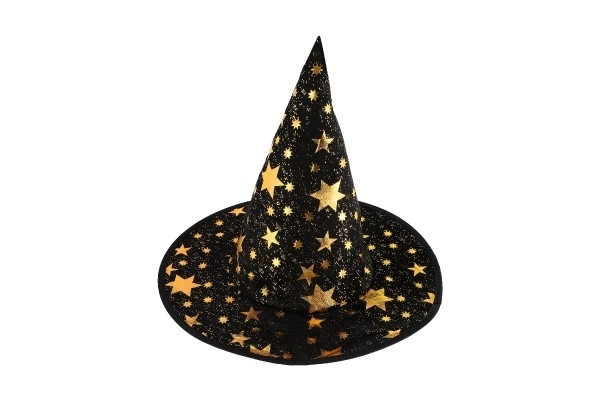 Čarovniški klobuk + ogrinjalo za otroke premer 38cm črno-zlati v vrečki karneval