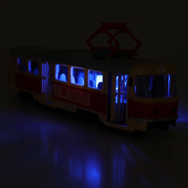 Tramvaj, ki napoveduje postajališča v češčini 28 cm BRNO
