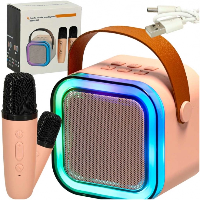 Karaoke set 2 mikrofona + prenosni zvočnik BLUETOOTH USB LED roza