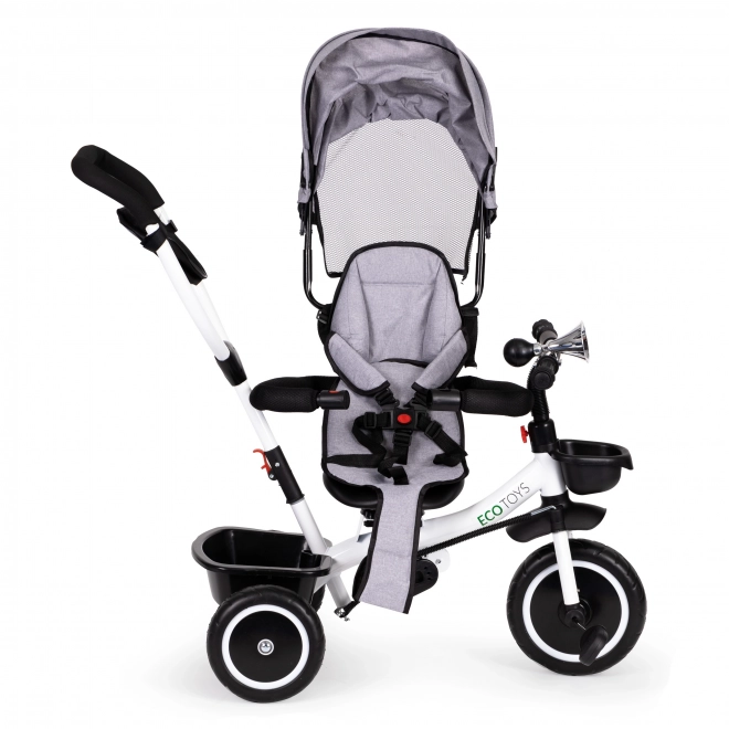 ECOTOYS Tricikel z nadstreškom in vodilno palico - siva