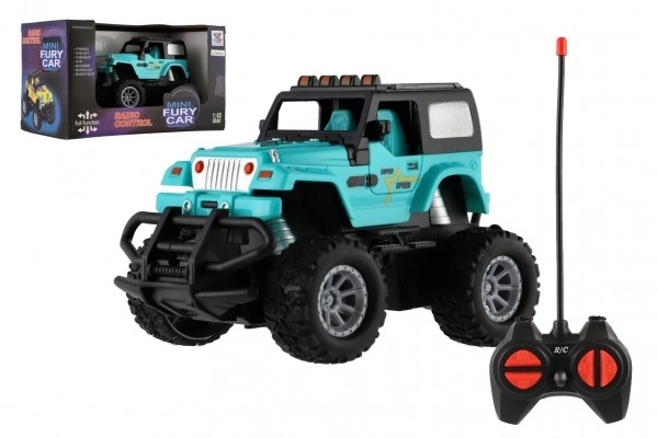Auto RC terenski 14cm plast 27MHz na baterije s svetlobo v škatli 20x11x10cm – Turkizna