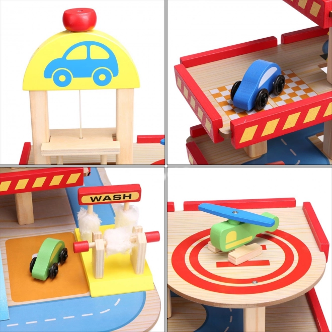 ECOTOYS Lesena večnadstropna garaža z dvigalom, heliportom in dodatki
