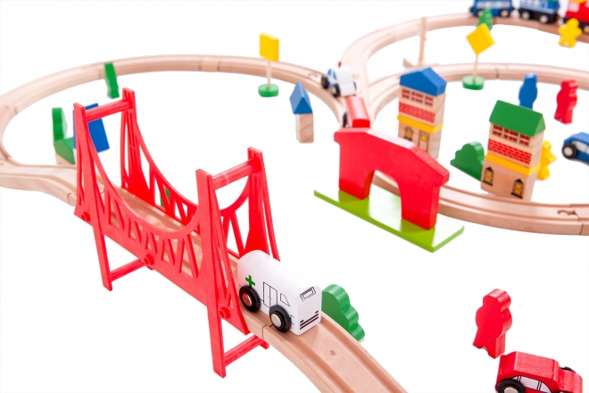 Lesena baterijska železniška komplet 90 delov Ecotoys