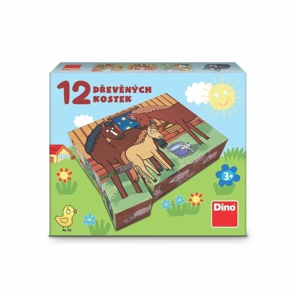 Kocke kubus domače živali les 12kos v škatli 21x18x4cm