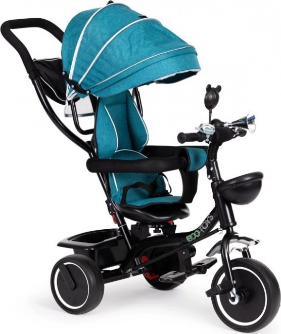 ECOTOYS Tricikel s streho in vodilno palico modrozelen
