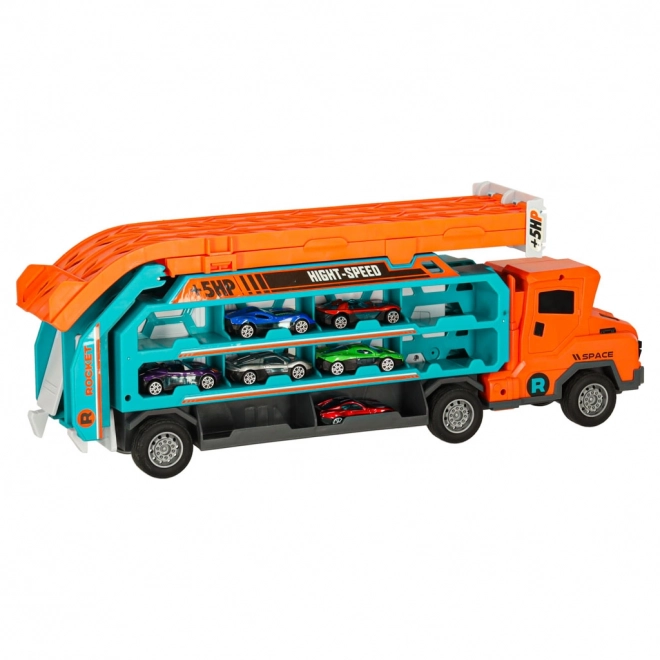 Dirkalna steza s avtovleko in transporterjem 6 delov - oranžna