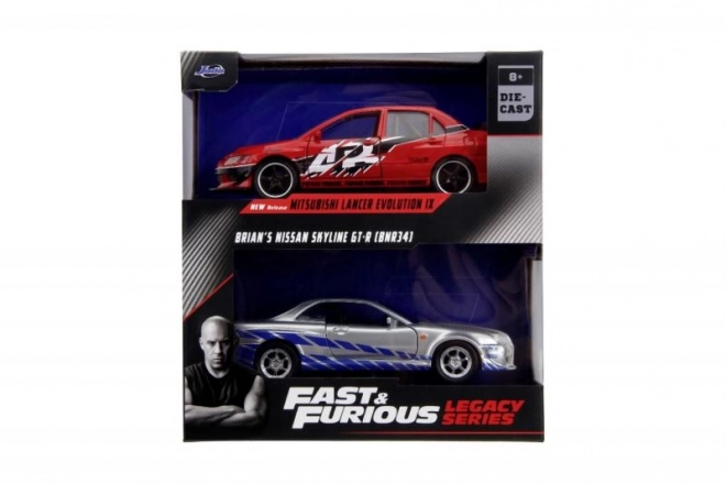 Hitri in drzni Twin Pack 2006 Mitsubishi Lancer Evo IX + Brianov 2002 Nissan Skyline GTR R34, 1:32 Val 4/2
