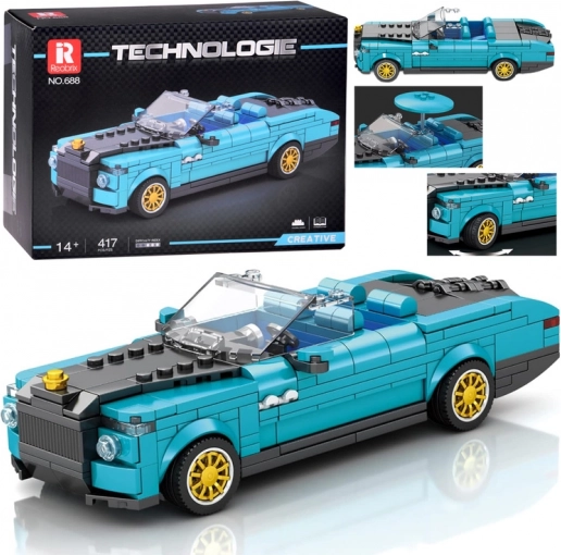 Tehnična sestavljanka – moder retro kabriolet z zlatimi kolesi, 417 delov