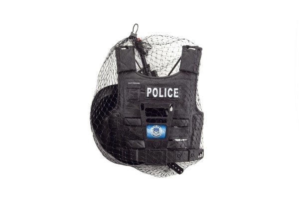 Set policijskega pištola in čelada z dodatki plastika 38 cm v mreži