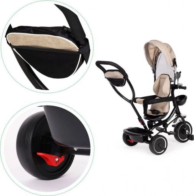 ECOTOYS tricikel s streho in vodilno palico bež barve