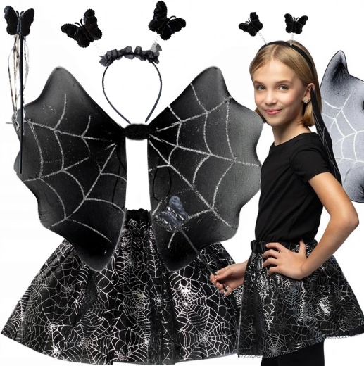 Otroški halloweenski kostum s krili, krilcem in obročem z metulji ter potiskom pajčevine