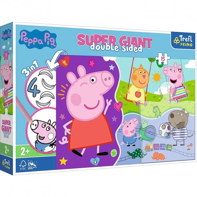 Sestavljanka 3v1 OGROMNA dvostranska 15 kosov Pujsa Pepa/Peppa Pig 60x40 cm v škatli 40x27x6 cm 24m+