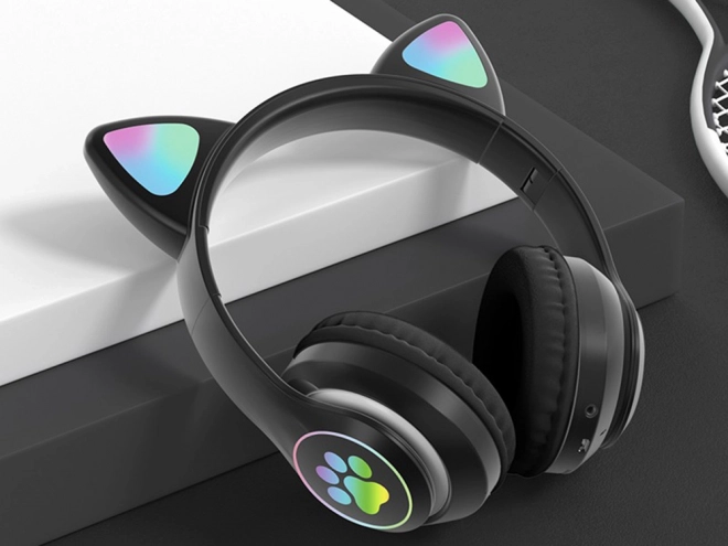 Brezžične slušalke bluetooth radio fm mp3 mačja ušesa led osvetlitev – črne