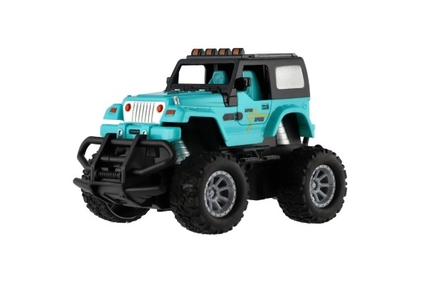 Auto RC terenski 14cm plast 27MHz na baterije s svetlobo v škatli 20x11x10cm – Turkizna