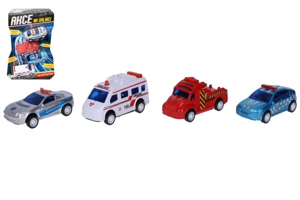 Avtomobili Akcija na avtocesti 4 kosi plastika 6cm s povratnim mehanizmom na kartici