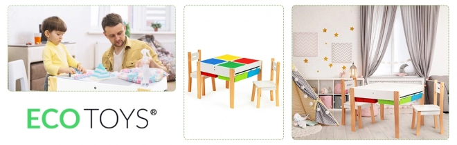 ECOTOYS Lesena otroška miza z igralno ploščo in dvema stolčkoma