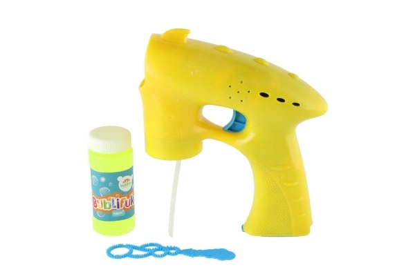 Pištola za milne mehurčke rumena plastika 13cm + 1 polnilo na baterije na kartončku