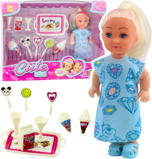 Komplet Mini punčka Sladki dodatki Modra obleka