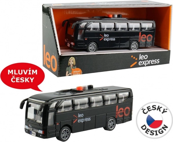 Avtobus LEO EXPRESS z lučmi in napovedmi voznika in posadke
