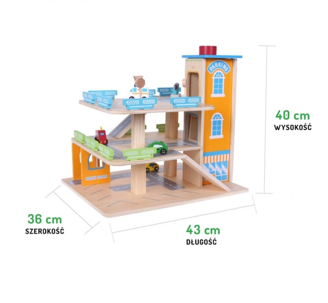 Lesena garažna steza z dvigalom + avtomobilčki Ecotoys