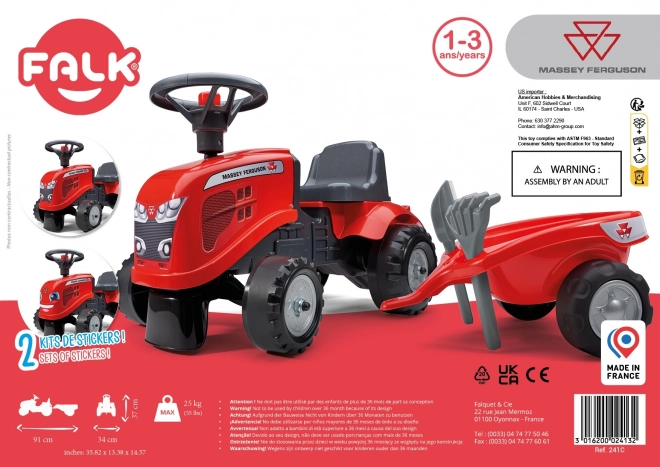 Poganjalec traktor Massey Ferguson rdeč s volanom in prikolico