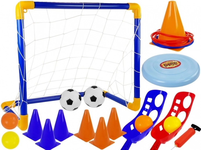 Komplet športnih iger 5 v 1 – nogometni gol, FRISBEE in lovilne košarice