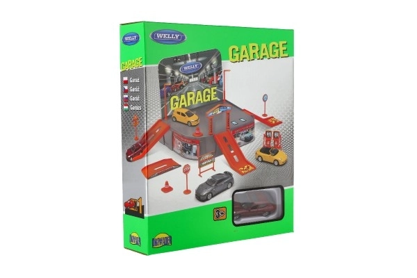 Garaža Welly + avto Welly Porsche kov/plast v škatli 21x25x5,5cm