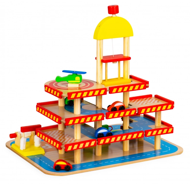 ECOTOYS Lesena večnadstropna garaža z dvigalom, heliportom in dodatki